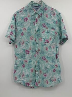 Izod Saltwater Shirt Men Medium Blue Hawaiian Aloha Tropical Floral Button Up